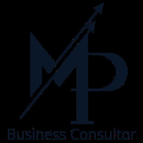 Business Consultant logo with upward arrow and M letter in dark blue